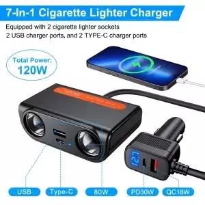 7 in 1 USB 타입 C 소켓 120W 차량용 시거잭 스플리터 12V 24V 고속 충전기 휴대폰 POWER LOGIC 어댑터 DVR