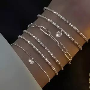 6PCS bracelet 실버 안개꽃 팔찌 | 여성용 은팔찌 | 미세 큐빅 레이어드 팔찌 | 데일리 데이트 선물용