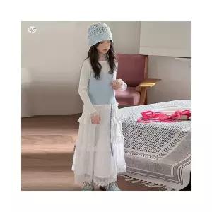 [아이옷샵]스카이 블루 니트 레이스 롱스커트 셋업 여아치마 치마바지 겨울 기모 주니어 초등학생 R24973