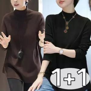 중년여성복 루즈핏 목티 상의 1+1 무지 플리스 긴팔티 미디기장 빅사이즈 이너 풀오버