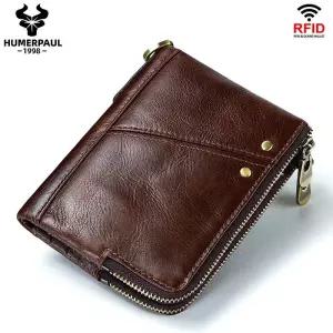 남성용 RFID 카드 홀더 지갑 정품 가죽 작은 돈 가방 럭셔리 더블 지퍼 동전 주머니 품질 클러치 Carteira
