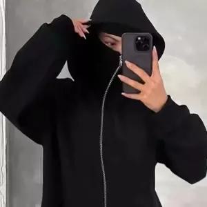 발라클라바 스타일의 남성용 지퍼 후드티 겨울용 따뜻한 캐주얼 스웨트셔츠 Y2K 얼굴 가리개 디자인 스포츠