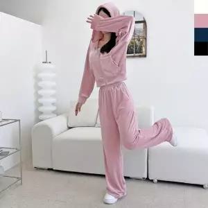 [하프클럽/]여자 벨로아 트레이닝 셋업 벨벳 후드 크롭 집업 와이드 세트