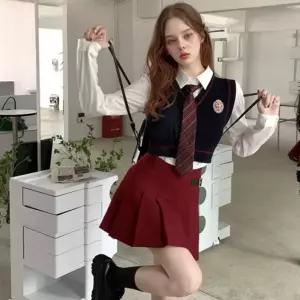 네이비 버건디 슬림라인 하이웨스트 프레피룩 세라복
