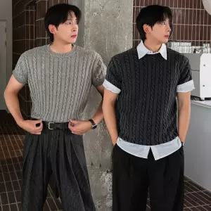 퍼렙 남자 머슬핏 솔리드 피그먼트 꽈베기 반팔 니트