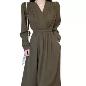 봄 가을 하객룩 브이넥 긴팔 A라인 플레어 롱 원피스 베이직 치마