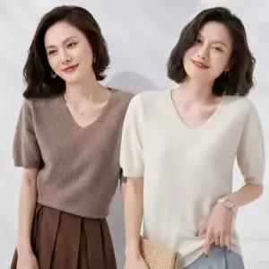 여성 풀오버 얇은 니트 브이넥 반팔 티셔츠 URK-1009874