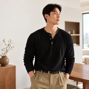남성 와플 헨리넥 티셔츠 단추 여밈 긴팔 무지 데일리 기본 상의 화이트 블랙 봄 가을