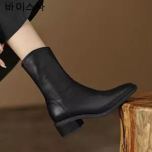 Angel 소가죽 미들부츠 여성 빈티지 미들굽 스퀘어 소프트 레더 미들부츠 4.5cm