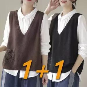 1+1여성 조끼 얇은 브이넥 니트 루즈핏 솔리드 캐주얼 간단한 빈티지포켓 루즈핏 소프트 민소매 베스트