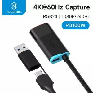 하기비스 HDMI to USB 3.0 및 USB C 비디오 캡처 카드 2K4K 1080P 60FPS 100W PD 스트리밍 게임 녹화 스위