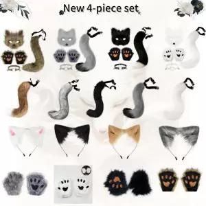 여우 고양이 귀 모자를 쓰고 있죠 4pcs 솜털 동물 머리띠 머리 후프와 꼬리 세트 할로윈 파티 코스프레