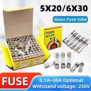 10/100개 유리관 퓨즈 5x20mm 6x30mm 0.1A 1A 2A 3A 4A 5A 6.3A 8A 250V 고속 차단