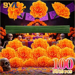 10-100PCS 인공 메리골드 꽃 머리 장식 (줄기 포함) 죽은 자의 날 제단 DIY 화환 리스 멕시코 파티