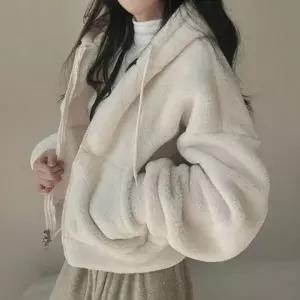 양털 퍼 세미크롭 후드집업 여성 겨울 아우터