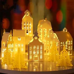3D 크리스마스 마을 집 10개 세트 밝은 흰색 트리 DIY 랜턴 종이 장식 피규어 데스크탑 홈 Xmas 파티