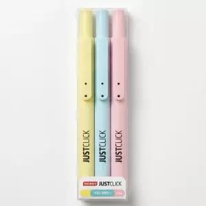 모리스 저스트클릭 마일드 형광펜 S 3색세트 사인펜 뚜껑 캡 없는 노크식 원터치 클릭 펜