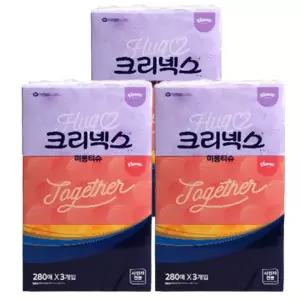 100% 천연펄프 크리넥스 미용티슈 280매 총9곽 콤비 3입 x 3팩 무색 무향 각티슈