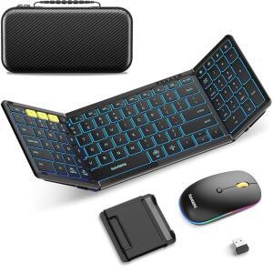 접이식 키보드와 마우스 샘서 블루투스 키보드 콤보 2.4G + BT5.0 X 2 풀사이즈 휴대용 여행용 및 WINDOWS ANDROID IOS MAC OS용 충전식 무선 블랙