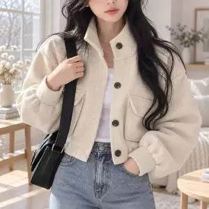 여성 빅버튼 포켓 크롭 숏자켓 카라넥 가을 아우터