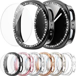 호환 삼성 갤럭시 워치 8 케이스 40/44mm 우아한 여성용 반짝이는 라인스톤 하드 PC와 HD 강화 유리 필름