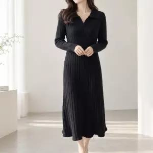 오픈카라 니트 롱원피스 골지 긴팔 루즈핏 가을 겨울 데일리
