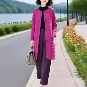 빅사이즈 여성 경량 패딩 가을 겨울 깅엄체크 라운드 퀼팅 롱코트
