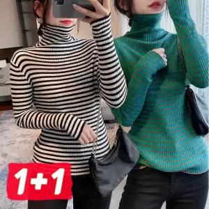 1+1 여성 골지 목폴라 티셔츠 스프 긴팔티 슬림핏 배색 데일리 가을 겨울 이너웨어
