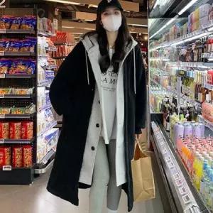 블랙 뽀글이 아우터 트렌치 코트 오버핏 여성양털 레이어드 후드 롱코트