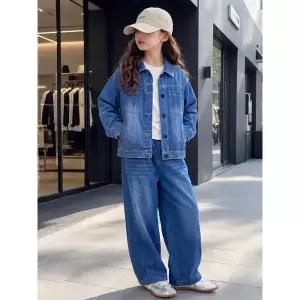 [아이옷샵]블루 데님 자켓 와이드 데님 셋업 여아청바지 와이드팬츠 데님팬츠 긴바지 가을 주니어 R25240