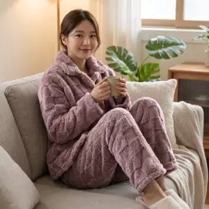 트라이 엠보밍크 홈웨어 여성 잠옷 세트 겨울 수면 극세사 여자 파자마 선물 상하 실내복