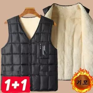 1+1 남성 겨울 털안감 패딩 베스트 기모 조끼 브이넥 포켓 민소매 방한 자켓 보온 캐주얼 상의