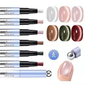 AzureBeauty 원스텝 젤 네일 폴리시 키트 6가지 색상 캣 세트 베이스 컬러 탑 코트 및 자석 효과 5종 핑크