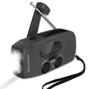 론스노우 태양광 비상 손잡이 크랭크 기상 라디오 2000MAH NOAA AM/FM | 캠핑용 SOS 알람 LED 손전등 스마트폰 USB 충전기 포함 휴대용 자가 발전 (블랙)