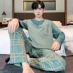 남성 잠옷 가을 겨울 긴팔 긴 바지 청소년 Homewear 투피스 스트라이프 Loungewear 세트