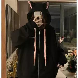 티 셔츠 긴팔 가을 겨울 일본 하라주쿠 스타일 귀여운 후드티 여성 여자 고양이 귀 장식 단색 지퍼 캐주얼