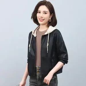 FANSYLI 여성 후드 가죽 점퍼 봄가을 신상 숏 캐주얼 푸가죽 자켓 패션 니트 후드 가죽 코트 간절기 점퍼 W
