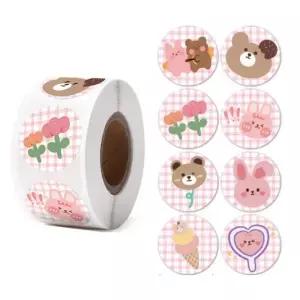 핑크 체크 스티커 S651 8종 다이어리꾸미기 곰돌이 토끼 원형 500pcs