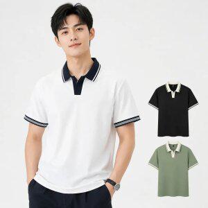 남성 여름 오픈카라 배색 반팔 티셔츠 깔끔한 루즈핏 데일리 카라티