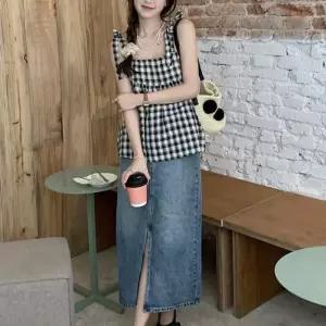 [RGLQR6SU]A라인 체크패턴 나시탑 민소매 캐주얼 티셔츠