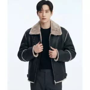 DRAW FIT 오버사이즈 스웨이드 라인 무스탕 자켓 [BLACK]