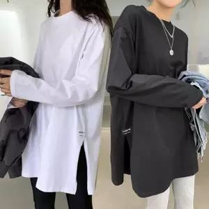 고품질 여성 롱티셔츠 레깅스코디 라운드넥 블랙 화이트 절개