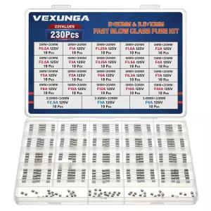 VEXUNGA 23Values 230pcs 125V Glass Fuses Kit 0.5A 1A 1.25A 1.6A 2A 2.5A 3A 3.15A 3.5A 4A 5A 6A 6.3A
