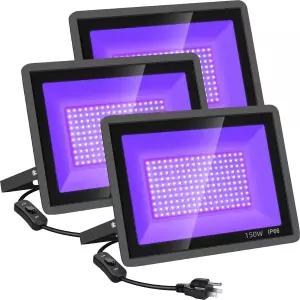 YANYCN 3팩 150W LED 블랙 라이트 플러그 앤 스위치가 있는 플러드 아웃도어 댄스 파티용 IP66 방수 글로우