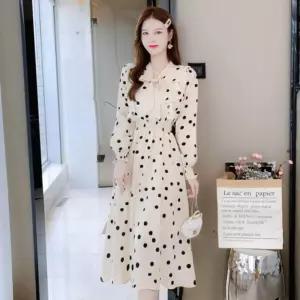 OP12366 여자 봄하객 브이넥 레트로 리본 보우 도트 롱원피스 (0929)