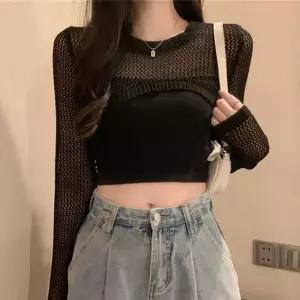 데일리룩 여성 크롭 그물 니트 볼레로 원피스 레이어드 가디건