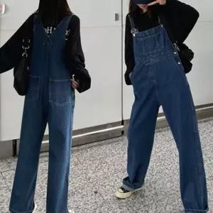 와이드핏 여성 점프수트 청멜빵바지 데님통바지 와이드데님멜빵팬츠 진청 Bf-DD93C