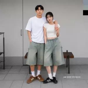 미니멀 AGG 1020 남여공용 오버핏 워싱 스냅 데님 버뮤다 밴딩 3호