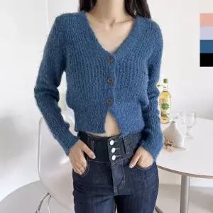 미니멀 CAT 1037 여자퍼브이넥 크롭니트 가디건 옷자락 미니멀 포인트