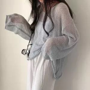 데일리룩 여성 브이넥 그물니트 여리여리 시스루 루즈핏 여름